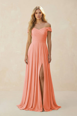 Off - the - Shoulder Pleated A - Line Chiffon Bridesmaid Dress in Rosette - SHE IS ME Bridesmaid Dresses