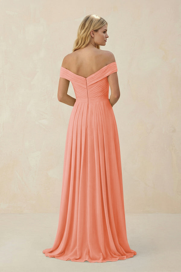 Off - the - Shoulder Pleated A - Line Chiffon Bridesmaid Dress in Rosette - SHE IS ME Bridesmaid Dresses
