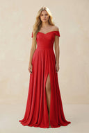 Off - the - Shoulder Pleated A - Line Chiffon Bridesmaid Dress in Ruby Red - SHE IS ME Bridesmaid Dresses