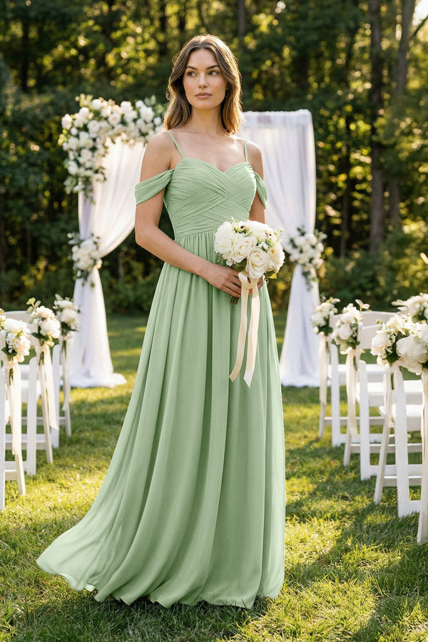 Off - the - Shoulder Pleated A - Line Chiffon Bridesmaid Dress in Sage - SHE IS ME Bridesmaid Dresses