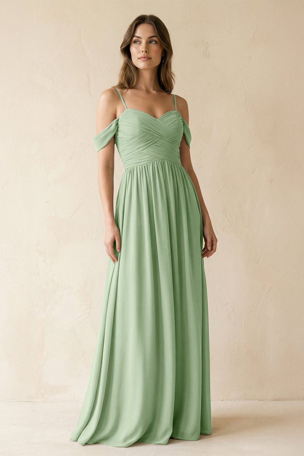 Off - the - Shoulder Pleated A - Line Chiffon Bridesmaid Dress in Sage - SHE IS ME Bridesmaid Dresses