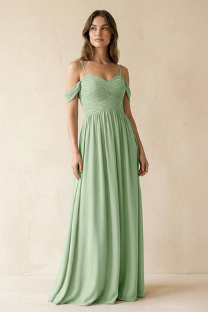 Off - the - Shoulder Pleated A - Line Chiffon Bridesmaid Dress in Sage - SHE IS ME Bridesmaid Dresses