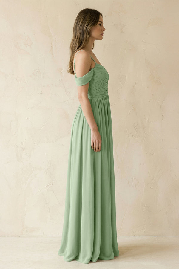 Off - the - Shoulder Pleated A - Line Chiffon Bridesmaid Dress in Sage - SHE IS ME Bridesmaid Dresses
