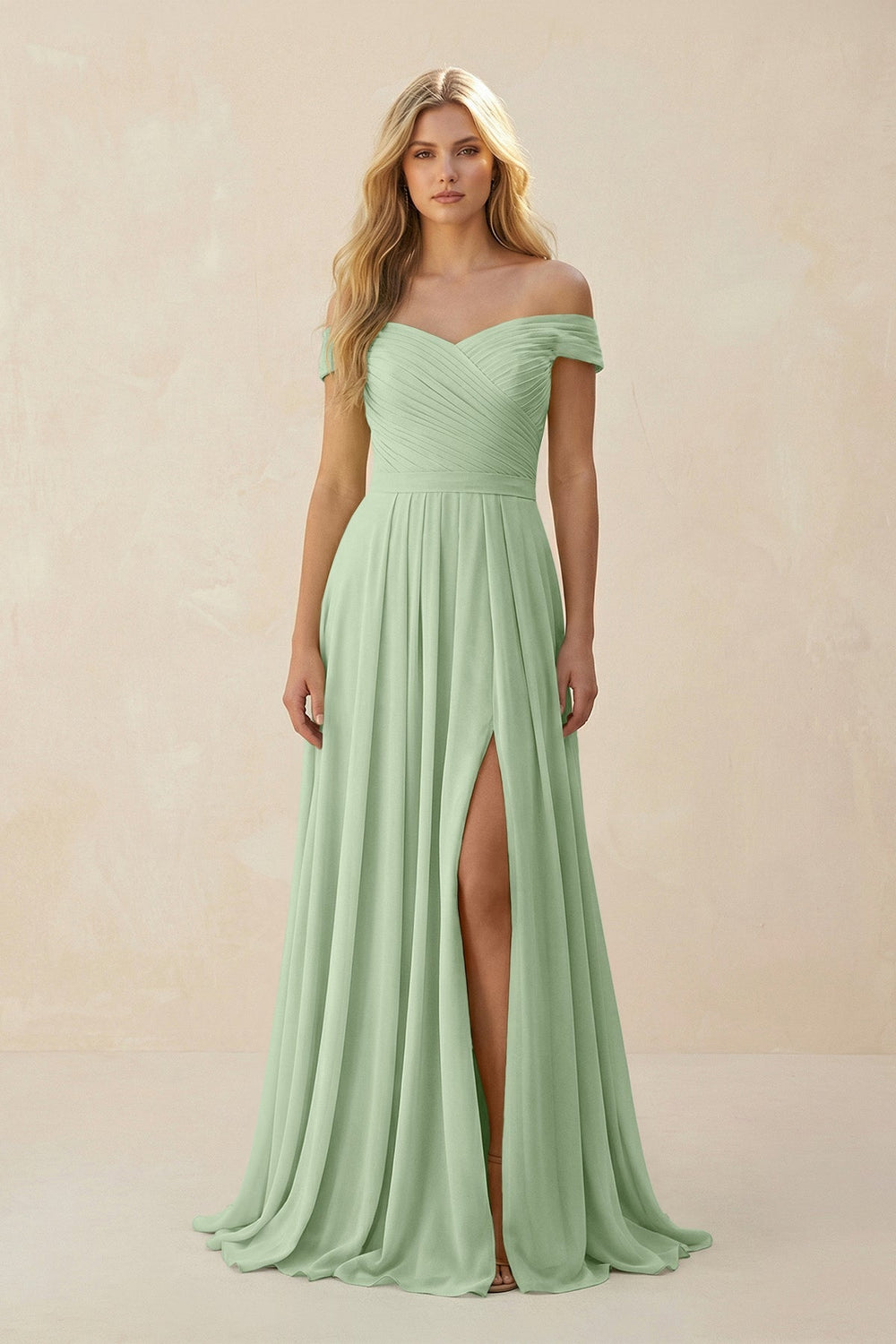 Off - the - Shoulder Pleated A - Line Chiffon Bridesmaid Dress in Sage - SHE IS ME Bridesmaid Dresses