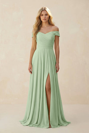 Off - the - Shoulder Pleated A - Line Chiffon Bridesmaid Dress in Sage - SHE IS ME Bridesmaid Dresses