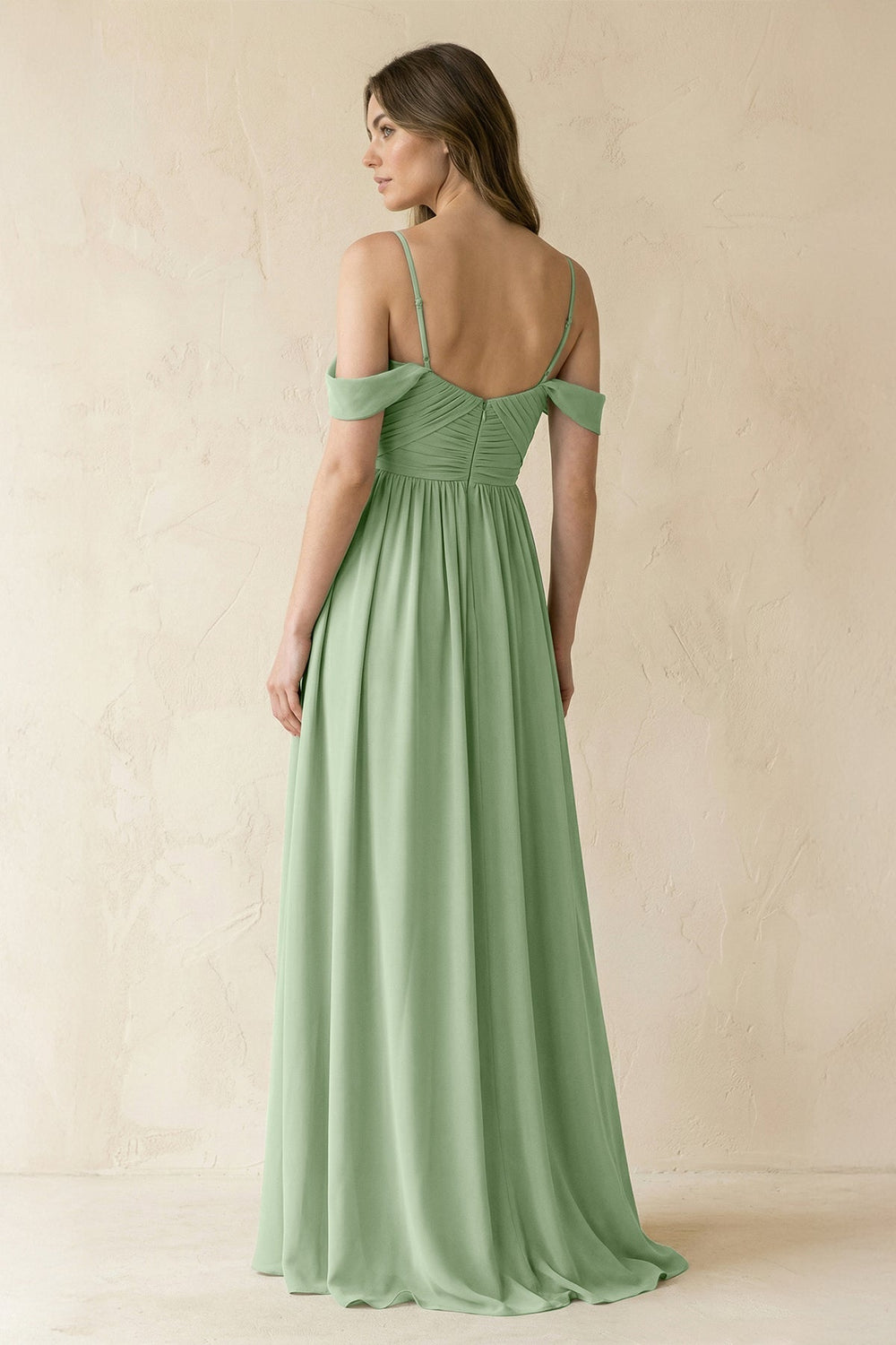 Off - the - Shoulder Pleated A - Line Chiffon Bridesmaid Dress in Sage - SHE IS ME Bridesmaid Dresses