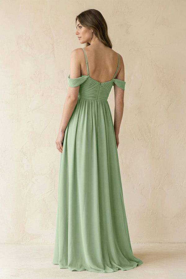 Off - the - Shoulder Pleated A - Line Chiffon Bridesmaid Dress in Sage - SHE IS ME Bridesmaid Dresses