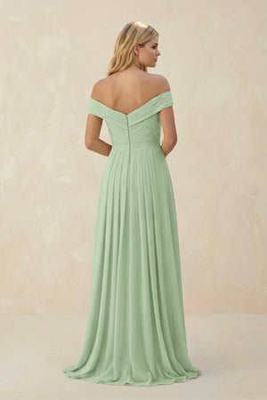 Off - the - Shoulder Pleated A - Line Chiffon Bridesmaid Dress in Sage - SHE IS ME Bridesmaid Dresses