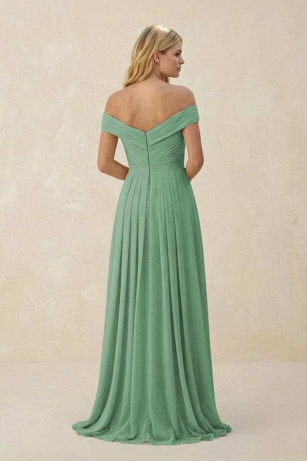 Off - the - Shoulder Pleated A - Line Chiffon Bridesmaid Dress in Sea Glass - SHE IS ME Bridesmaid Dresses