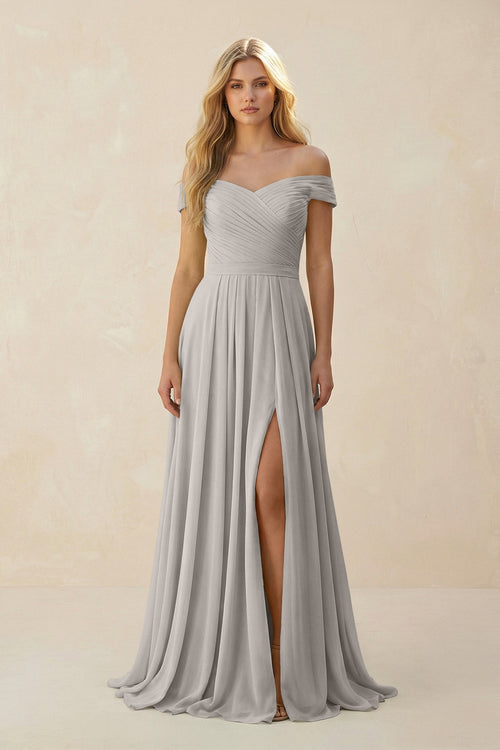 Off - the - Shoulder Pleated A - Line Chiffon Bridesmaid Dress in Silver - SHE IS ME Bridesmaid Dresses