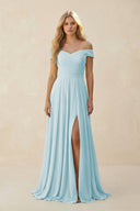Off - the - Shoulder Pleated A - Line Chiffon Bridesmaid Dress in Sky Blue - SHE IS ME Bridesmaid Dresses