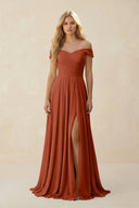 Off - the - Shoulder Pleated A - Line Chiffon Bridesmaid Dress in Spice - SHE IS ME Bridesmaid Dresses