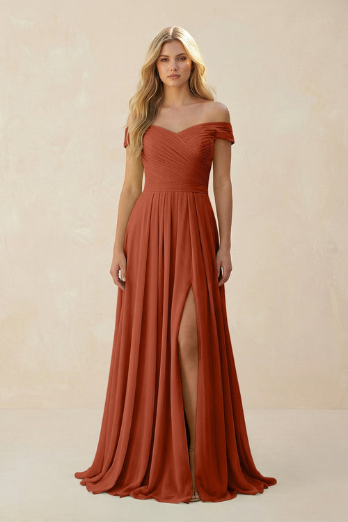 Off - the - Shoulder Pleated A - Line Chiffon Bridesmaid Dress in Spice - SHE IS ME Bridesmaid Dresses