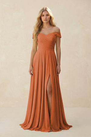Off - the - Shoulder Pleated A - Line Chiffon Bridesmaid Dress in Terracotta - SHE IS ME Bridesmaid Dresses