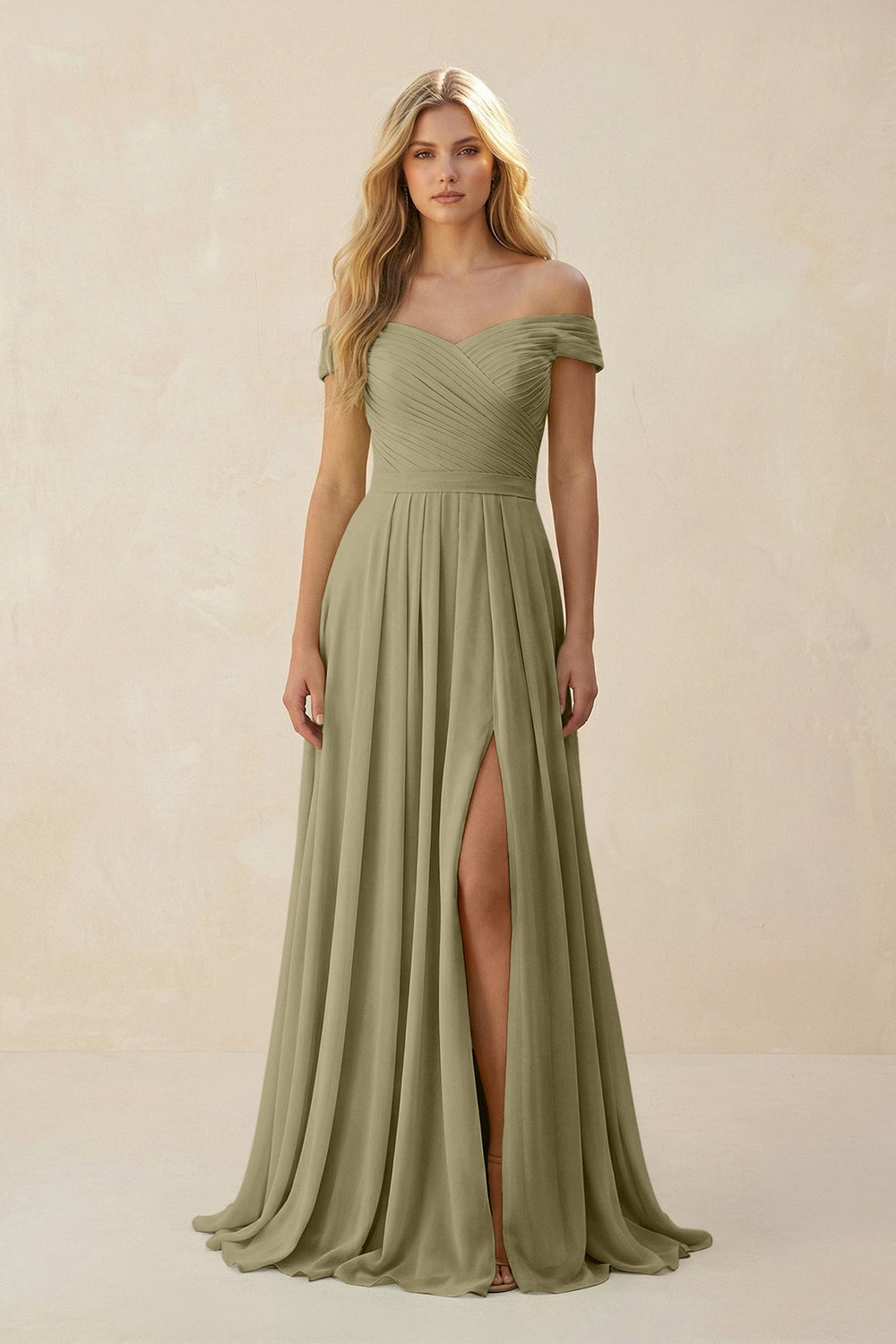 Off - the - Shoulder Pleated A - Line Chiffon Bridesmaid Dress in Thyme - SHE IS ME Bridesmaid Dresses