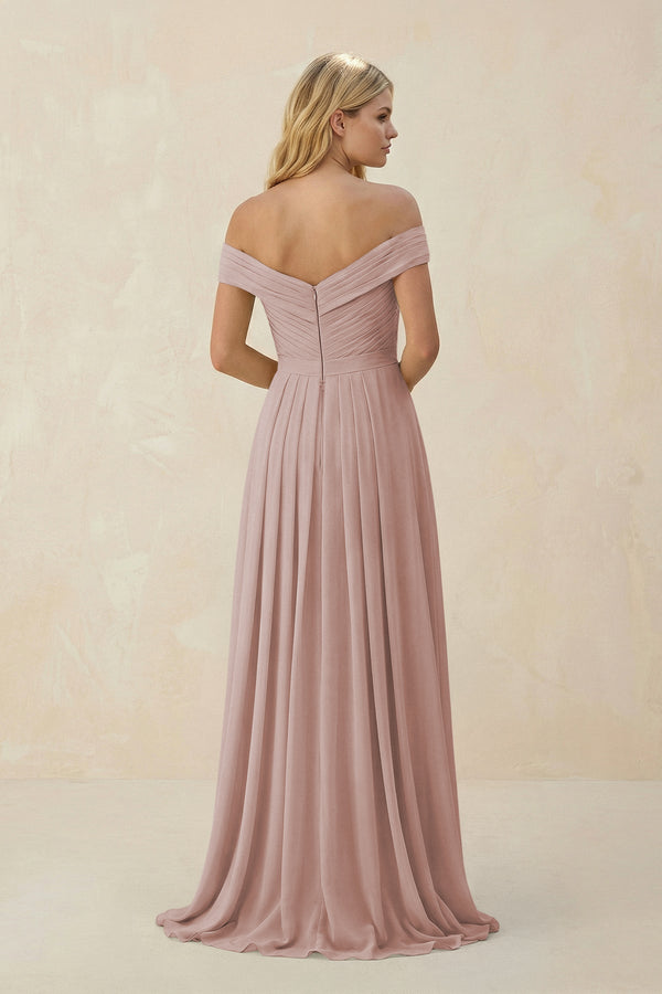 Off - the - Shoulder Pleated A - Line Chiffon Bridesmaid Dress in Toffee - SHE IS ME Bridesmaid Dresses