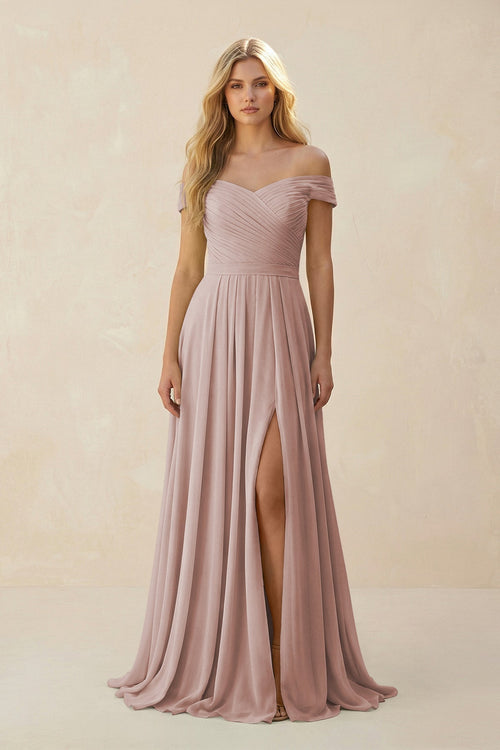 Off - the - Shoulder Pleated A - Line Chiffon Bridesmaid Dress in Toffee - SHE IS ME Bridesmaid Dresses