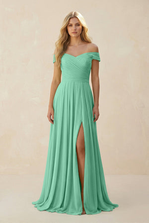 Off - the - Shoulder Pleated A - Line Chiffon Bridesmaid Dress in Turquoise - SHE IS ME Bridesmaid Dresses