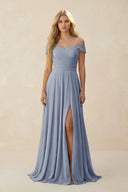 Off - the - Shoulder Pleated A - Line Chiffon Bridesmaid Dress in Twilight - SHE IS ME Bridesmaid Dresses