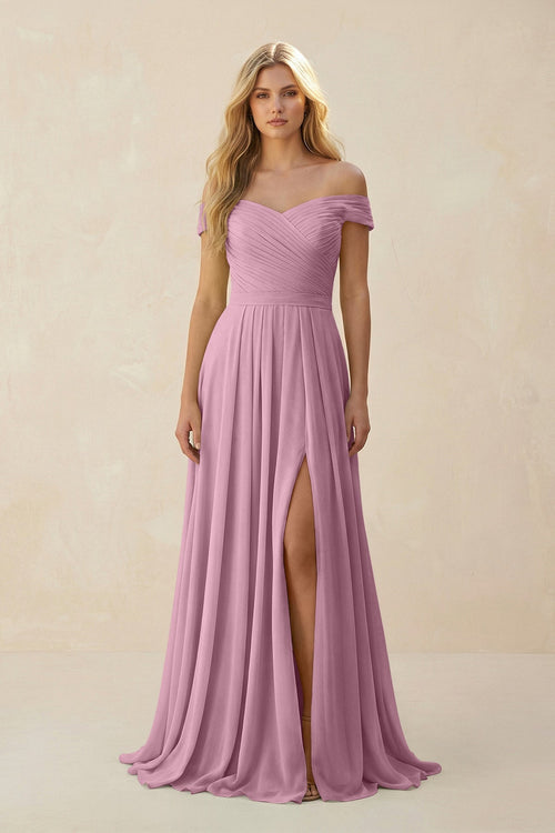 Off - the - Shoulder Pleated A - Line Chiffon Bridesmaid Dress in Vintage Mauve - SHE IS ME Bridesmaid Dresses