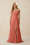 Off - the - Shoulder Pleated A - Line Chiffon Bridesmaid Dress in Wild Rose - SHE IS ME Bridesmaid Dresses