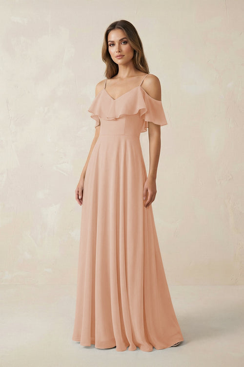 Off - the - Shoulder Ruffled A - Line Chiffon Bridesmaid Dress in Champagne Rose - SHE IS ME Bridesmaid Dresses