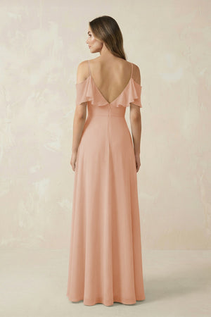 Off - the - Shoulder Ruffled A - Line Chiffon Bridesmaid Dress in Champagne Rose - SHE IS ME Bridesmaid Dresses