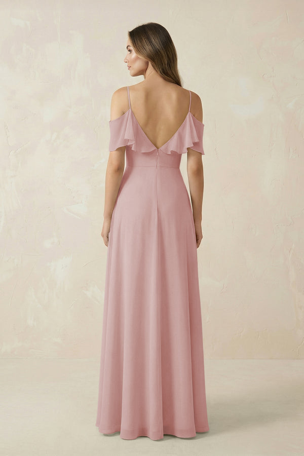 Off - the - Shoulder Ruffled A - Line Chiffon Bridesmaid Dress in Dusty Rose - SHE IS ME Bridesmaid Dresses