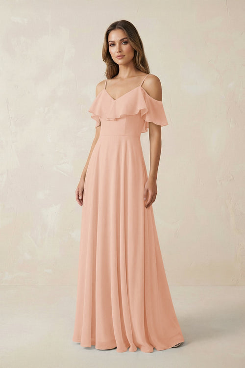 Off - the - Shoulder Ruffled A - Line Chiffon Bridesmaid Dress in English Rose - SHE IS ME Bridesmaid Dresses