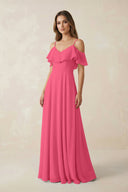 Off - the - Shoulder Ruffled A - Line Chiffon Bridesmaid Dress in Fuchsia - SHE IS ME Bridesmaid Dresses