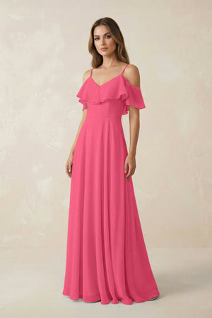 Off - the - Shoulder Ruffled A - Line Chiffon Bridesmaid Dress in Fuchsia - SHE IS ME Bridesmaid Dresses
