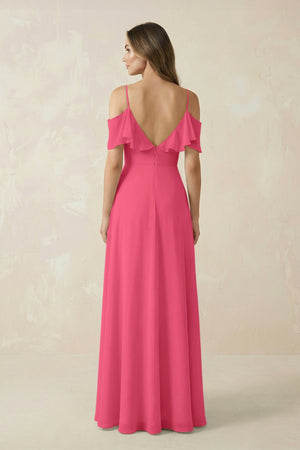 Off - the - Shoulder Ruffled A - Line Chiffon Bridesmaid Dress in Fuchsia - SHE IS ME Bridesmaid Dresses