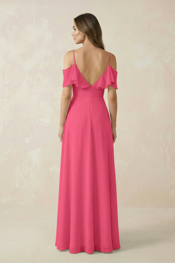 Off - the - Shoulder Ruffled A - Line Chiffon Bridesmaid Dress in Fuchsia - SHE IS ME Bridesmaid Dresses