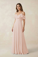 Off - the - Shoulder Ruffled A - Line Chiffon Bridesmaid Dress in Pale Blush - SHE IS ME Bridesmaid Dresses