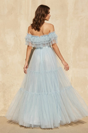 Off The Shoulder Ruffled Gown in Sky Blue - SHE IS ME