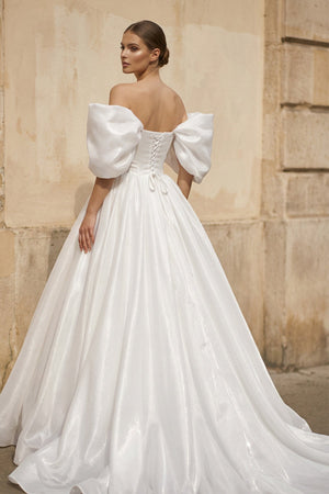 Off - the - Shoulder Satin A - Line Corset Wedding Dress - SHE IS ME Wedding Dresses