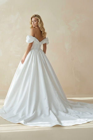 Off - the - Shoulder Satin Ball Gown Wedding Dress in White - SHE IS ME Wedding Dresses