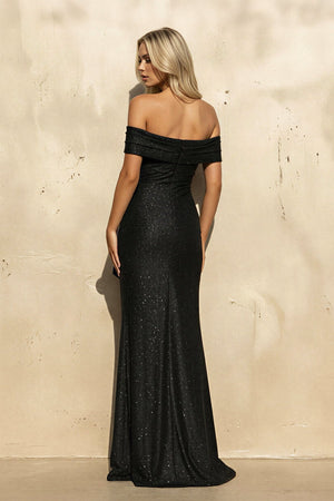 Off The Shoulder Sequins Maxi Dress With Slit in Black - SHE IS ME