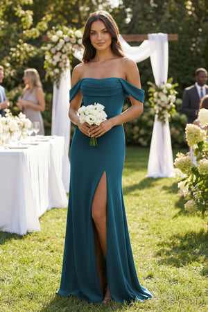 Off - the - Shoulder Sheath Bridesmaid Dress with Slit - SHE IS ME Bridesmaid Dresses