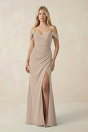 Off - the - Shoulder Sheath Chiffon Ruched Bridesmaid Dress in Almond - SHE IS ME Bridesmaid Dresses