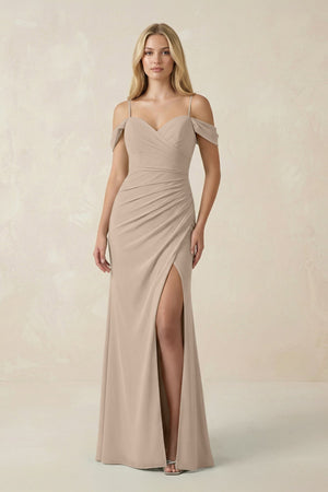 Off - the - Shoulder Sheath Chiffon Ruched Bridesmaid Dress in Almond - SHE IS ME Bridesmaid Dresses