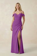 Off - the - Shoulder Sheath Chiffon Ruched Bridesmaid Dress in Amethyst - SHE IS ME Bridesmaid Dresses