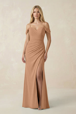 Off - the - Shoulder Sheath Chiffon Ruched Bridesmaid Dress in Bronzer - SHE IS ME Bridesmaid Dresses