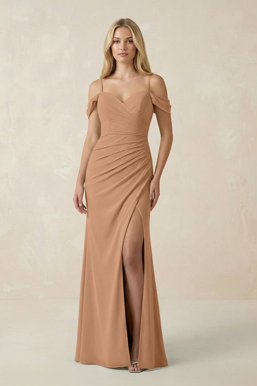 Off - the - Shoulder Sheath Chiffon Ruched Bridesmaid Dress in Bronzer - SHE IS ME Bridesmaid Dresses