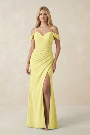 Off - the - Shoulder Sheath Chiffon Ruched Bridesmaid Dress in Buttercup - SHE IS ME Bridesmaid Dresses