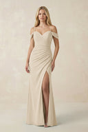 Off - the - Shoulder Sheath Chiffon Ruched Bridesmaid Dress in Champagne - SHE IS ME Bridesmaid Dresses