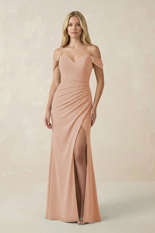Off - the - Shoulder Sheath Chiffon Ruched Bridesmaid Dress in Champagne Rose - SHE IS ME Bridesmaid Dresses
