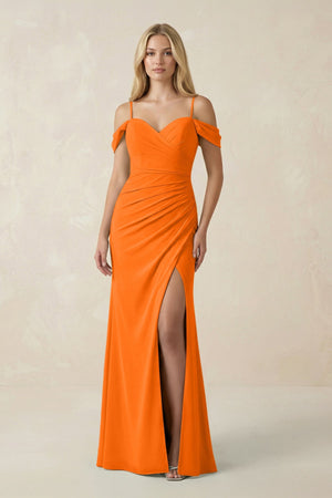 Off - the - Shoulder Sheath Chiffon Ruched Bridesmaid Dress in Cinnamon - SHE IS ME Bridesmaid Dresses