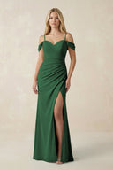 Off - the - Shoulder Sheath Chiffon Ruched Bridesmaid Dress in Dark Green - SHE IS ME Bridesmaid Dresses