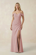 Off - the - Shoulder Sheath Chiffon Ruched Bridesmaid Dress in Dusty Rose - SHE IS ME Bridesmaid Dresses